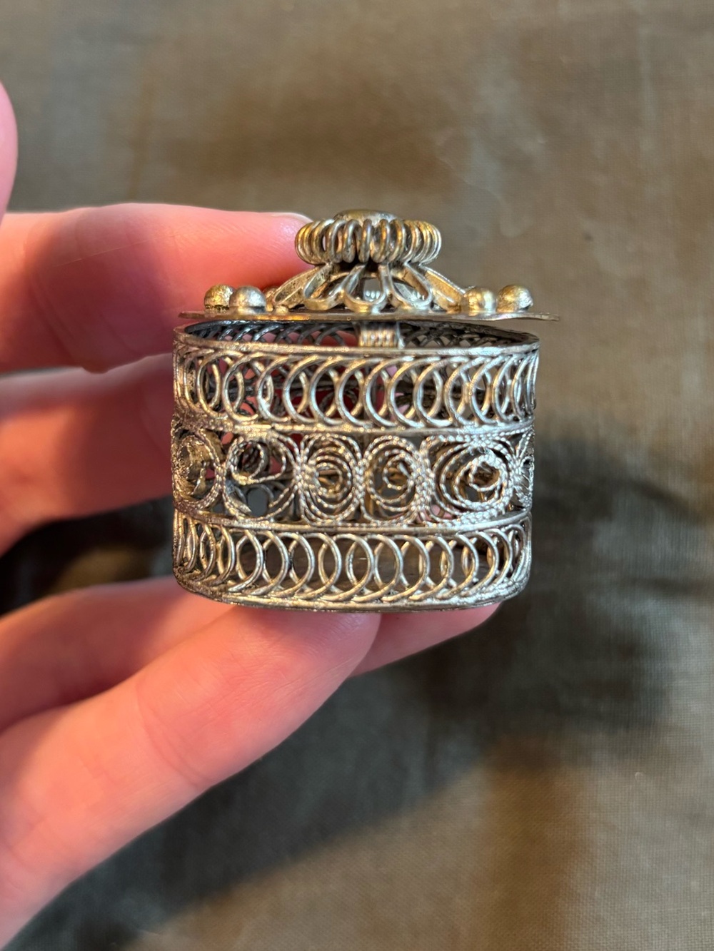 Vintage Filigree Pill Box Silver Toned Secret Compartment